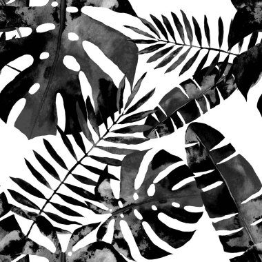 Renkli ve soyut tropikal yapraklı suluboya desenli. Egzotik bitkilerle dolu parlak yaz baskısı. Yaratıcı trend botanik tekstil tasarımı.