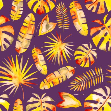 Renkli ve soyut tropikal yapraklı suluboya desenli. Egzotik bitkilerle dolu parlak yaz baskısı. Yaratıcı trend botanik tekstil tasarımı.