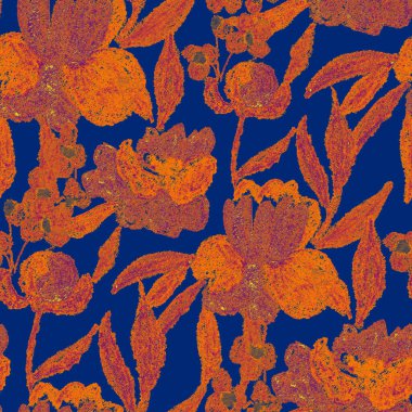 Balmumu pastel boyalarla çizilmiş soyut çiçekleri olan yaratıcı, pürüzsüz desen. Parlak renkli çiçek deseni.