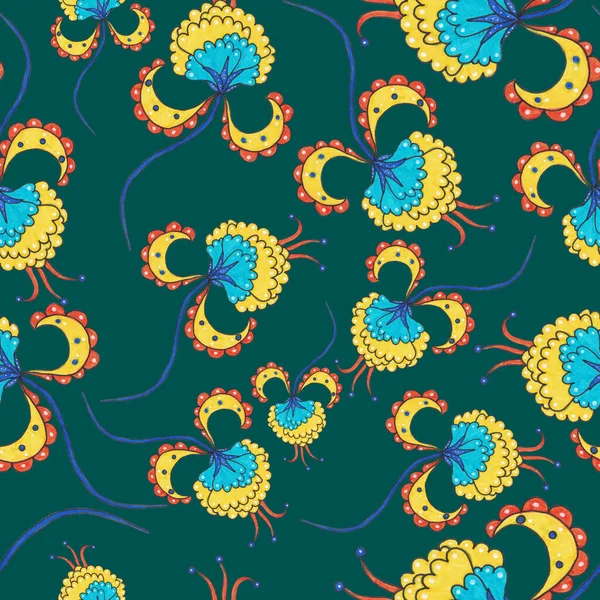 Çiçekli ve yapraklı suluboya desenler etnik tarzda. Çiçek süsleme. Geleneksel şal deseni. Tekstil tasarım dokusu. Kabilesel etnik klasik dikişsiz model..