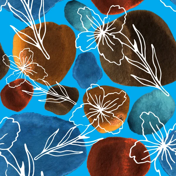 Çizgili sanat çiçekleri ve suluboya lekeleri olan yaratıcı kusursuz desen. Moda soyut modern vintage baskı.