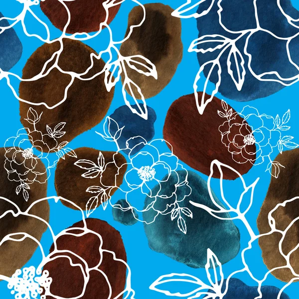 Çizgili sanat çiçekleri ve suluboya lekeleri olan yaratıcı kusursuz desen. Moda soyut modern vintage baskı.