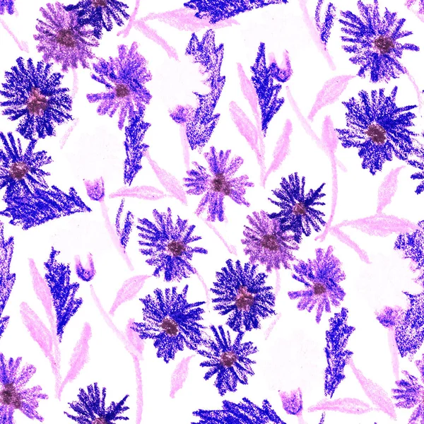 Kreatywny Bezszwowy Wzór Abstrakcyjnymi Kwiatami Rysowanymi Kredkami Woskowymi Jasne Kolorowe — Zdjęcie stockowe