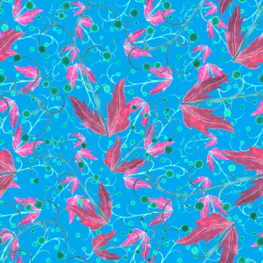 Vintage yapraklı suluboya desenli. Dekoratif tasarım için renkli yaprakları olan güzel bir botanik baskısı. Parlak bahar ya da yaz arkaplanı. Klasik düğün dekoru. Tekstil tasarımı.