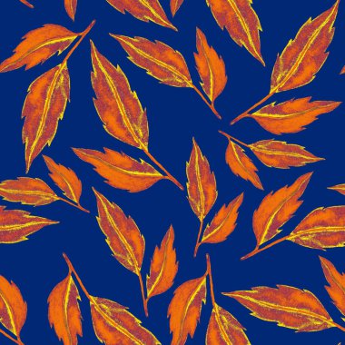 Vintage yapraklı suluboya desenli. Dekoratif tasarım için renkli yaprakları olan güzel bir botanik baskısı. Parlak bahar ya da yaz arkaplanı. Klasik düğün dekoru. Tekstil tasarımı.