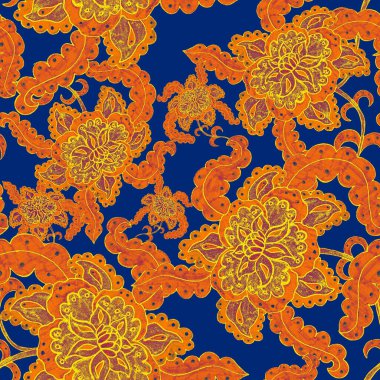 Çiçekli ve yapraklı suluboya desenler etnik tarzda. Çiçek süsleme. Geleneksel şal deseni. Tekstil tasarım dokusu. Kabilesel etnik klasik dikişsiz model..