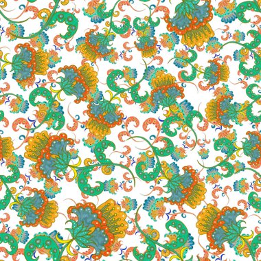 Çiçekli ve yapraklı suluboya desenler etnik tarzda. Çiçek süsleme. Geleneksel şal deseni. Tekstil tasarım dokusu. Kabilesel etnik klasik dikişsiz model..