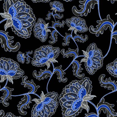 Çiçekli ve yapraklı suluboya desenler etnik tarzda. Çiçek süsleme. Geleneksel şal deseni. Tekstil tasarım dokusu. Kabilesel etnik klasik dikişsiz model..