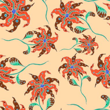 Çiçekli ve yapraklı suluboya desenler etnik tarzda. Çiçek süsleme. Geleneksel şal deseni. Tekstil tasarım dokusu. Kabilesel etnik klasik dikişsiz model..