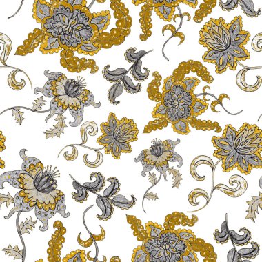 Çiçekli ve yapraklı suluboya desenler etnik tarzda. Çiçek süsleme. Geleneksel şal deseni. Tekstil tasarım dokusu. Kabilesel etnik klasik dikişsiz model..