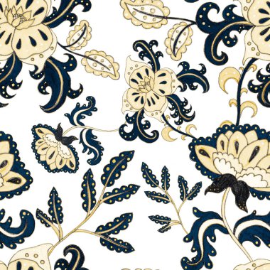 Çiçekli ve yapraklı suluboya desenler etnik tarzda. Çiçek süsleme. Geleneksel şal deseni. Tekstil tasarım dokusu. Kabilesel etnik klasik dikişsiz model..