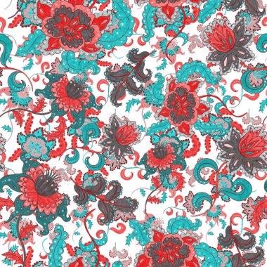 Çiçekli ve yapraklı suluboya desenler etnik tarzda. Çiçek süsleme. Geleneksel şal deseni. Tekstil tasarım dokusu. Kabilesel etnik klasik dikişsiz model..