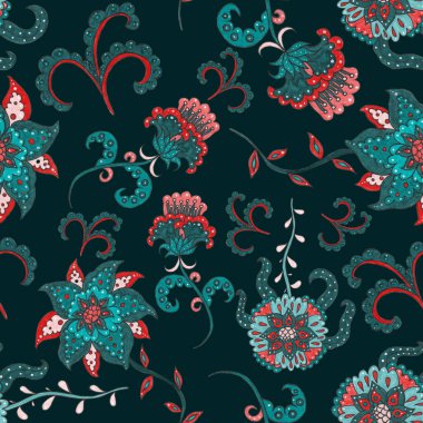 Çiçekli ve yapraklı suluboya desenler etnik tarzda. Çiçek süsleme. Geleneksel şal deseni. Tekstil tasarım dokusu. Kabilesel etnik klasik dikişsiz model..