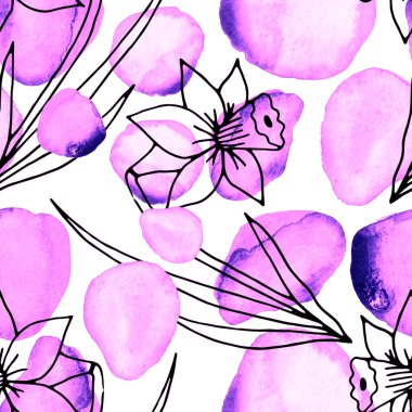 Çizgili sanat çiçekleri ve suluboya lekeleri olan yaratıcı kusursuz desen. Moda soyut modern vintage baskı.