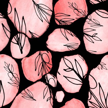 Çizgili sanat çiçekleri ve suluboya lekeleri olan yaratıcı kusursuz desen. Moda soyut modern vintage baskı.