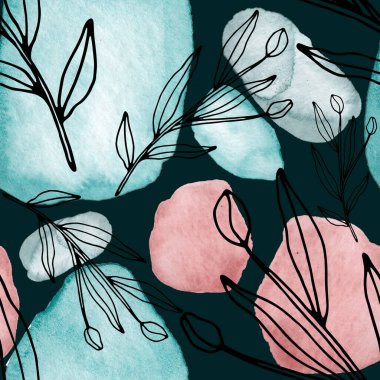 Çizgili sanat çiçekleri ve suluboya lekeleri olan yaratıcı kusursuz desen. Moda soyut modern vintage baskı.