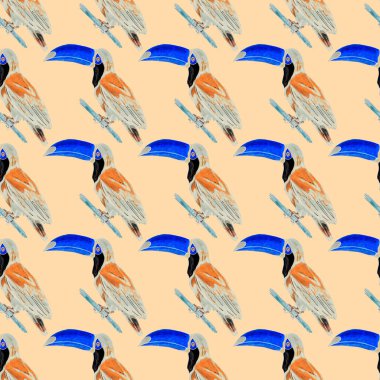 Tukanla dikişsiz suluboya desen. Tropik kuşlu ve yapraklı egzotik botanik orman duvar kağıdı. Parlak yaz şablonu geçmişi.