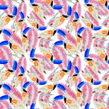 Tukanla dikişsiz suluboya desen. Tropik kuşlu ve yapraklı egzotik botanik orman duvar kağıdı. Parlak yaz şablonu geçmişi.