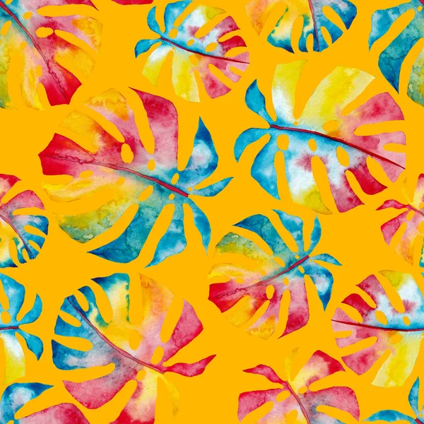 水彩斑斓的无缝图案 色彩艳丽的热带叶 色彩艳丽的夏季印刷与异国情调植物 创意时尚的植物性纺织品设计 — 图库照片