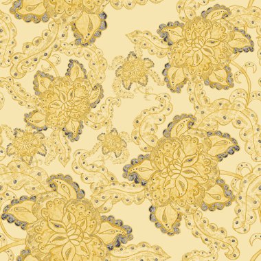 Suluboya desensiz, folky çiçekli ve yapraklı, etnik tarzda. Çiçek süsleme. Geleneksel şal deseni. Tekstil tasarım dokusu. Kabilesel etnik klasik dikişsiz model..