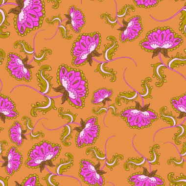 Suluboya desensiz, folky çiçekli ve yapraklı, etnik tarzda. Çiçek süsleme. Geleneksel şal deseni. Tekstil tasarım dokusu. Kabilesel etnik klasik dikişsiz model..