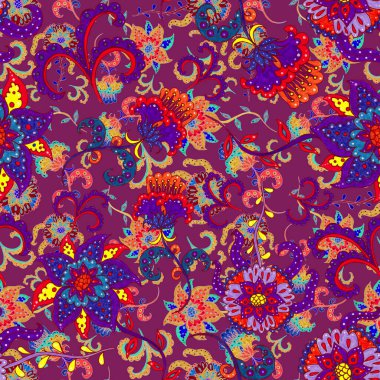 Suluboya desensiz, folky çiçekli ve yapraklı, etnik tarzda. Çiçek süsleme. Geleneksel şal deseni. Tekstil tasarım dokusu. Kabilesel etnik klasik dikişsiz model..