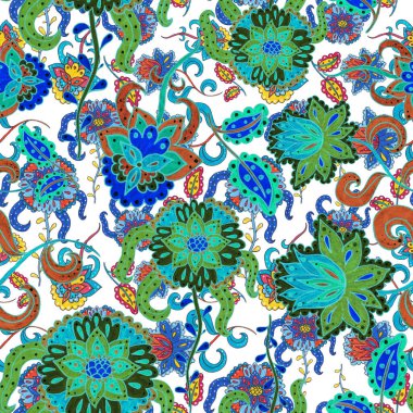 Suluboya desensiz, folky çiçekli ve yapraklı, etnik tarzda. Çiçek süsleme. Geleneksel şal deseni. Tekstil tasarım dokusu. Kabilesel etnik klasik dikişsiz model..