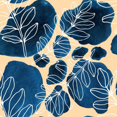 Çizgili sanat çiçekleri ve suluboya lekeleri olan yaratıcı kusursuz desen. Moda soyut modern vintage baskı.