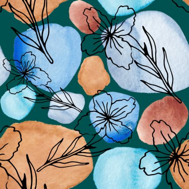 Çizgili sanat çiçekleri ve suluboya lekeleri olan yaratıcı kusursuz desen. Moda soyut modern vintage baskı.