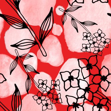 Çizgili sanat çiçekleri ve suluboya lekeleri olan yaratıcı kusursuz desen. Moda soyut modern vintage baskı.