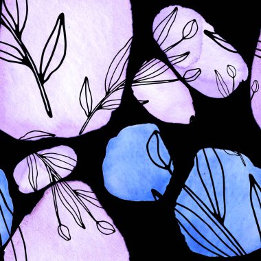 Çizgili sanat çiçekleri ve suluboya lekeleri olan yaratıcı kusursuz desen. Moda soyut modern vintage baskı.