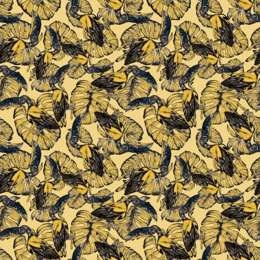 Tukanla dikişsiz suluboya desen. Tropik kuşlu ve yapraklı egzotik botanik orman duvar kağıdı. Parlak yaz şablonu geçmişi.