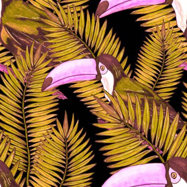 Tukanla dikişsiz suluboya desen. Tropik kuşlu ve yapraklı egzotik botanik orman duvar kağıdı. Parlak yaz şablonu geçmişi.