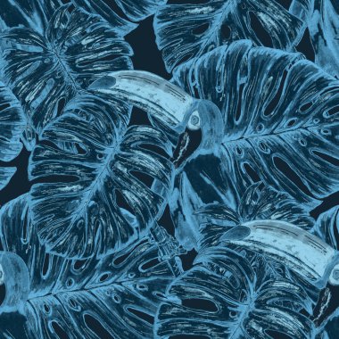 Tukanla dikişsiz suluboya desen. Tropik kuşlu ve yapraklı egzotik botanik orman duvar kağıdı. Parlak yaz şablonu geçmişi.