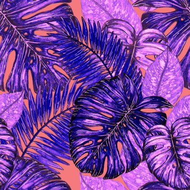 Tropikal yapraklarla suluboya kusursuz desen. Elle çizilmiş egzotik bitkilerle çok güzel bir iz. Mayo botanik tasarımı.