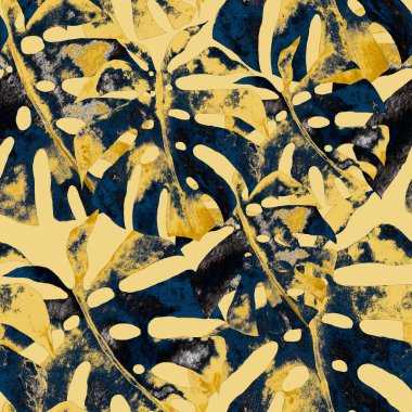 Renkli ve soyut tropikal yapraklı suluboya desenli. Egzotik bitkilerle dolu parlak yaz baskısı. Yaratıcı trend botanik tekstil tasarımı.