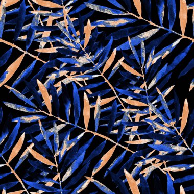 Renkli ve soyut tropikal yapraklı suluboya desenli. Egzotik bitkilerle dolu parlak yaz baskısı. Yaratıcı trend botanik tekstil tasarımı.