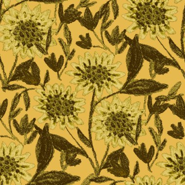 Balmumu pastel boyalarla çizilmiş soyut çiçekleri olan yaratıcı, pürüzsüz desen. Parlak renkli çiçek deseni.