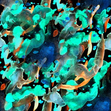 Suluboya, soyut, kusursuz desen. Parlak el yapımı elementlerle yaratıcı doku. Soyut renkli yazdırma.