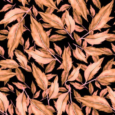 Vintage yapraklı suluboya desenli. Dekoratif tasarım için renkli yaprakları olan güzel bir botanik baskısı. Parlak bahar ya da yaz arkaplanı. Klasik düğün dekoru. Tekstil tasarımı.