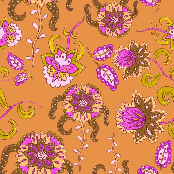 水彩斑斓的无缝图案 有民间花和民族风格的叶子 花环装饰 传统的佩斯利图案 纺织品的设计结构 部族血统的无缝图案 — 图库照片