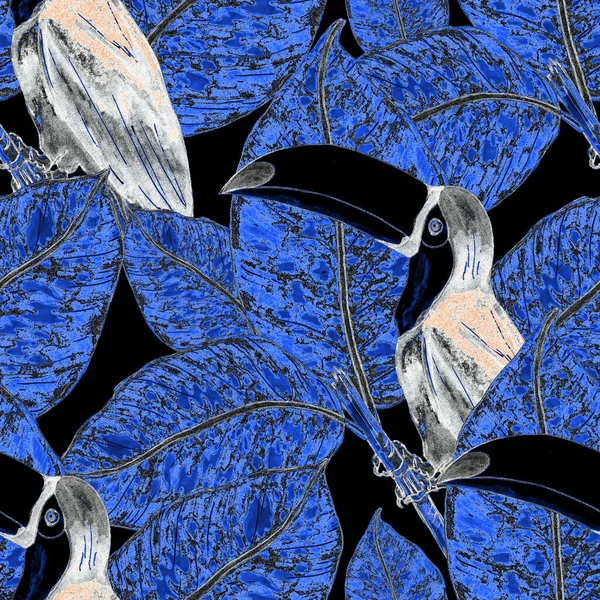Акварельний Безшовний Візерунок Тунцем Екзотичні Ботанічні Шпалери Тропічним Птахом Листям — стокове фото