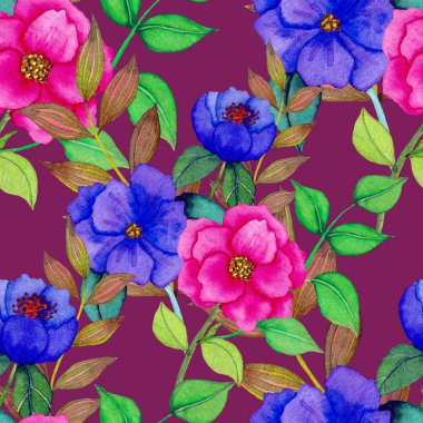 Çiçeklerle suluboya kusursuz desen. Klasik çiçek desenleri. Çiçeksiz desen. Botanik sanatı. Çiçek botanik koleksiyonu. Çiçek seti. Suluboya botanik tasarımı.