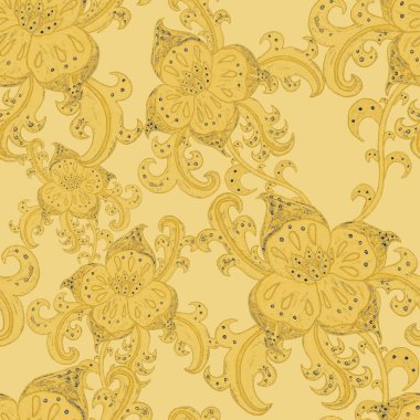 Suluboya desensiz, folky çiçekli ve yapraklı, etnik tarzda. Çiçek süsleme. Geleneksel şal deseni. Tekstil tasarım dokusu. Kabilesel etnik klasik dikişsiz model..