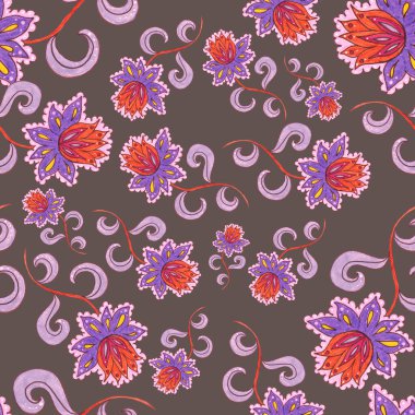 Suluboya desensiz, folky çiçekli ve yapraklı, etnik tarzda. Çiçek süsleme. Geleneksel şal deseni. Tekstil tasarım dokusu. Kabilesel etnik klasik dikişsiz model..