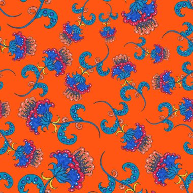 Suluboya desensiz, folky çiçekli ve yapraklı, etnik tarzda. Çiçek süsleme. Geleneksel şal deseni. Tekstil tasarım dokusu. Kabilesel etnik klasik dikişsiz model..