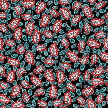 Suluboya desensiz, folky çiçekli ve yapraklı, etnik tarzda. Çiçek süsleme. Geleneksel şal deseni. Tekstil tasarım dokusu. Kabilesel etnik klasik dikişsiz model..