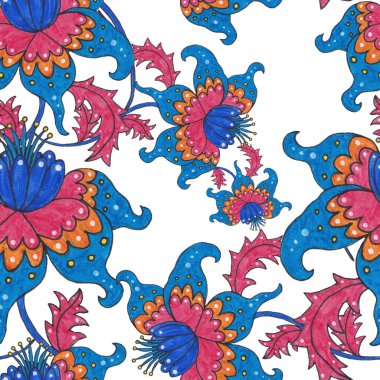 Suluboya desensiz, folky çiçekli ve yapraklı, etnik tarzda. Çiçek süsleme. Geleneksel şal deseni. Tekstil tasarım dokusu. Kabilesel etnik klasik dikişsiz model..