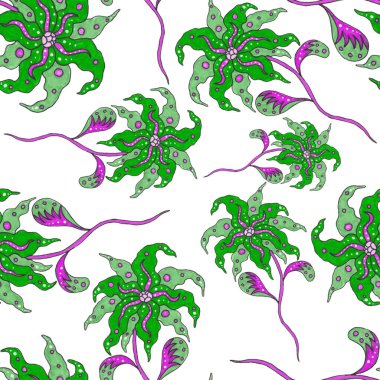 Suluboya desensiz, folky çiçekli ve yapraklı, etnik tarzda. Çiçek süsleme. Geleneksel şal deseni. Tekstil tasarım dokusu. Kabilesel etnik klasik dikişsiz model..