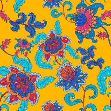 Suluboya desensiz, folky çiçekli ve yapraklı, etnik tarzda. Çiçek süsleme. Geleneksel şal deseni. Tekstil tasarım dokusu. Kabilesel etnik klasik dikişsiz model..